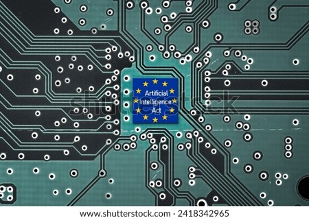 Flag of European Union on a microprocessor, CPU or GPU microchip on a motherboard. Symbolizing the EU recently adopted the AI Act, ushering in new restrictions on AI use cases and mandating