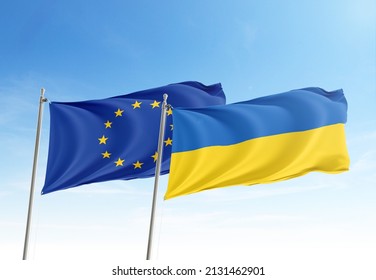 Flag of European union and Ukraina, allies and friendly countries, unity, togetherness, handshake