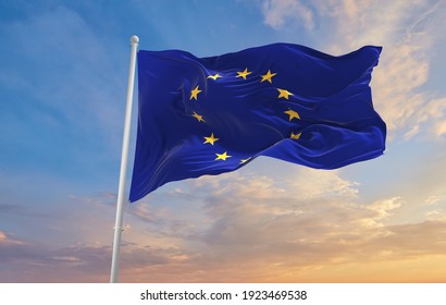 The Flag Of The European Union  Waving In The Wind.