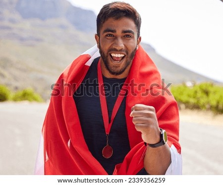 Flag, excited winner or portrait of man with success on road for fitness goal, race or running competition. Proud National champion runner, winning or happy sports athlete with victory glory or medal