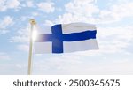 Flag of Finland waving in the wind, sky and sun background. Finland Flag. 