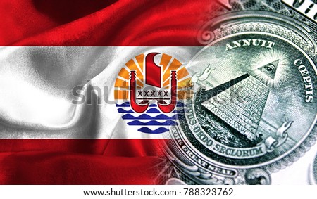 Flag of French Polynesia on a fabric with an American dollar close-up.