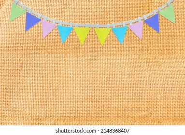 Flag Garland On Hessian Bag Texture Background, Brow Hessian Pattern Background, Natural Fiber Texture2