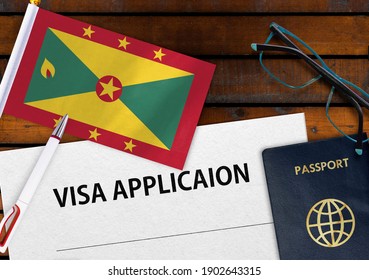 Flag Of Grenada, Visa Application Form And Passport On Table