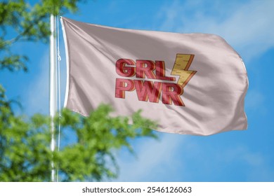 Flag with 'GRL PWR' text and lightning bolt. Empowerment theme with 'GRL PWR' message. Bold 'GRL PWR' design on a waving flag. Waving girl power flag on sky and tree background. - Powered by Shutterstock