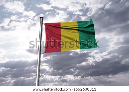 Flag of Guinea waving in the blue sky. National Guinea Flag on Pole.