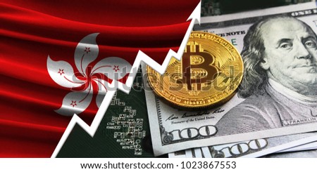 flag of Hong Kong and bitcoin coins