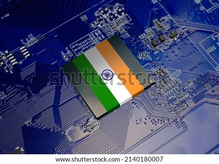 Flag of India on CPU operating chipset computer electronic circuit board, Republic of India technology or hardware development related conceptual