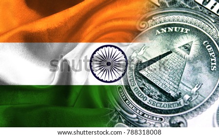 Flag of India on a fabric with an American dollar close-up.