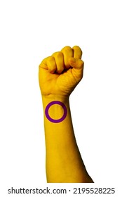 Flag Of Intersex Pride Painted On Human Fist. Strength, Power