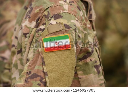 Flag of Iran on soldiers arm (collage).