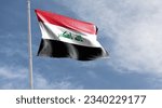The flag of Iraq ncludes the three equal horizontal red, white, and black stripes of the Arab Liberation flag, with the phrase God is the greatest in Arabic written in Kufic script in the center.