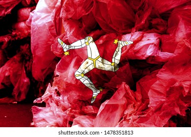 The Flag Isle Of Man Is Shown On The Trash Bag. Ecology Concept With Environmental Pollution From Household And Industrial Waste.