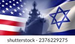 Flag of Israel. US navy. Warship near Israeli banner. Concept of arrival of aircraft carriers from US to Persian gulf. US military support for Israel. Warship from America or Israel. 