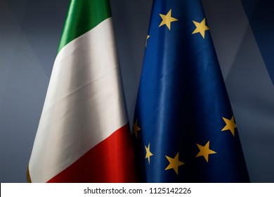 Flag Of Italy And EU Flag Stands In European Council Offices In Brussels, Belgium, 29 June 2018.