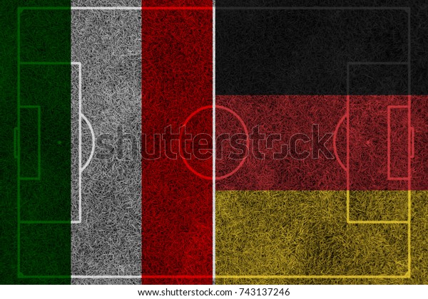 flag of the Italy and\
Germany painted on football  soccer field divided with middle line,\
match, sport
