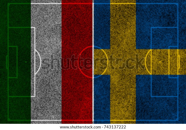 flag of the\
Italy and Sweden painted on football soccer field divided with\
middle line , match , sport ,\
versus
