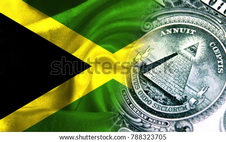 Flag of Jamaica on a fabric with an American dollar close-up.