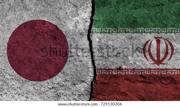 flag of the\
Japan and Iran painted on wall divided with crack , conflict /\
relations of Japan and Iran , war\
concept