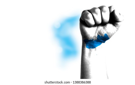 Flag of Korean Unification painted on male fist, strength,power,concept of conflict. On a blurred background with a good place for your text.