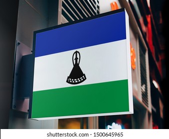 Flag Of Lesotho On Shop Sign. Flag Of Lesotho On Advertisement Board