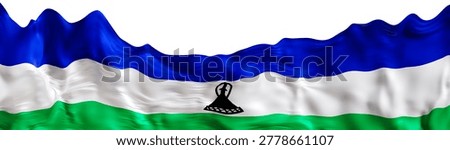 The flag of Lesotho is shown in three dimensions with a footer design. The image features vibrant colors and a clear background, highlighting national symbols.