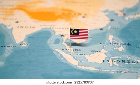 The Flag of Malaysia on the World Map.