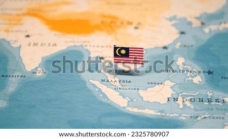 The Flag of Malaysia on the World Map.