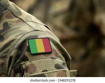 Flag Of Mali On Military Uniform. Army, Troops, Soldiers. Collage.