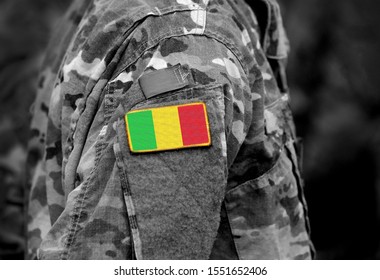 Flag Of Mali On Military Uniform. Army, Troops, Soldiers. Collage.