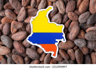 Flag and map of Colombia on cocoa beans. Growing cocoa in Colombia concept, origin of cocoa