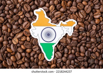 Flag And Map Of India On Coffee Beans. Concept Of Growing Coffee In India, Origin Country Of Coffee Beans