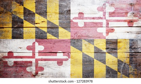 Flag Of Maryland Painted On Grungy Wooden Background