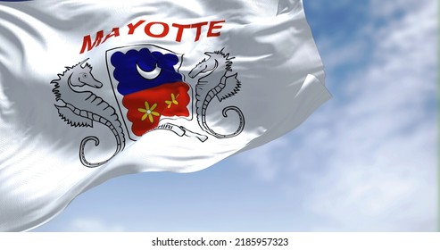 Flag Of Mayotte Waving In The Wind On A Clear Day. Mayotte Is An Overseas Department And Region And Single Territorial Collectivity Of France