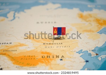 The Flag of Mongolia on the World Map.
