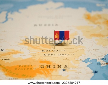 The Flag of Mongolia on the World Map.
