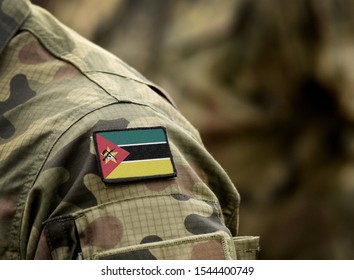 Flag Of Mozambique  On Military Uniform. Army, Troops, Soldiers. Collage.