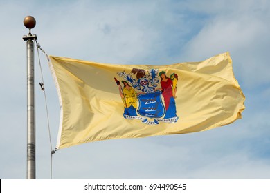 Flag Of New Jersey In Front Of New Jersey State House, Trenton, New Jersey, USA.