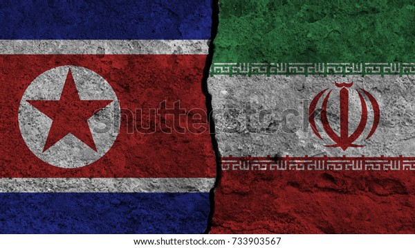 flag of the North korea and Iran painted on\
wall divided with crack , North korea and Iran war , conflict\
concept , relations