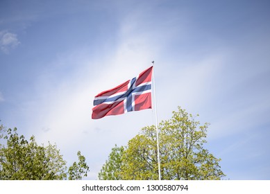 Flag of Norway against the blue sky of clouds and trees.