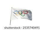 Flag of the Olympic games with no background, white background, flag on a flag pole waving in the wind, symbol of the olympics, picture of a flag