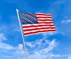 Flag On American Flag Pole And Blue Sky, Flag Of American Fluttering In Blue Sky Big National Symbol. Waving Dark Blue And Red White American Flag, Independence Constitution Day.