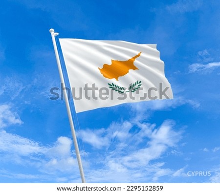 Flag on Cyprus flag pole and blue sky, Flag of Cyprus fluttering in blue sky big national symbol. Waving white Cyprus flag, Independence Constitution Day.