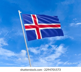 Flag on Iceland flag pole and blue sky, Flag of Iceland fluttering in blue sky big national symbol. Waving blue and red white Iceland flag, Independence Constitution Day.