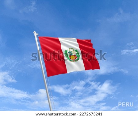 Flag on Peruvian flag poles and blue sky Flag of Peru fluttering in blue sky big national symbol. Waving red and white Peruvian state flag, Independence Constitution Day, National holiday.