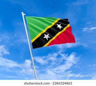 Flag on Saint-Kitts-and-Nevis flag pole and blue sky, Flag of Saint-Kitts fluttering in blue sky big national symbol. Waving dark red and green Saint-Kitts state flag, Independence Constitution Day. - Powered by Shutterstock