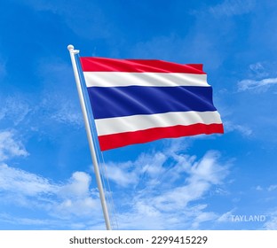 Flag on Thailand flag pole and blue sky, Flag of Thailand fluttering in blue sky big national symbol. Waving red, white and dark blue Thailand flag, Independence Constitution Day. - Shutterstock ID 2299415229