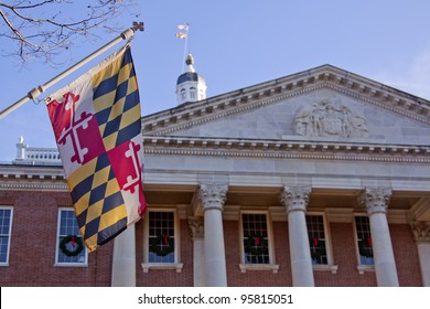 The Flag Outside The North Entrance Of The Maryland State House In Annapolis, MD. Where The Maryland General Assembly Convenes For Three Months A Year.