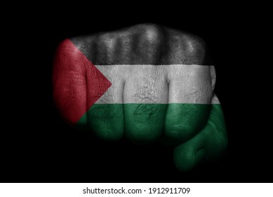 Flag of Palestine painted on strong fist on black background