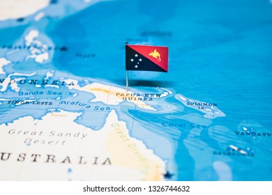 the Flag of papua new guinea in the world map